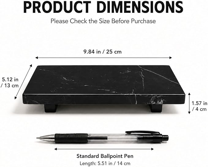 Small Black Marble Soap Dispenser Pedestal Tray 9.84 in | Stone Pedestal Tray for Bathroom Counter, Vanity Riser for Perfume, Jewelry, Candles and Dresser Decor