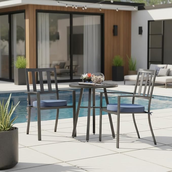 Set of 2 Outdoor 18 inch Round Patio Dining Chair Pads – Comfortable Fiber-Filled Seat Cushions with Ties, Reversible Polyester Fabric, Navy