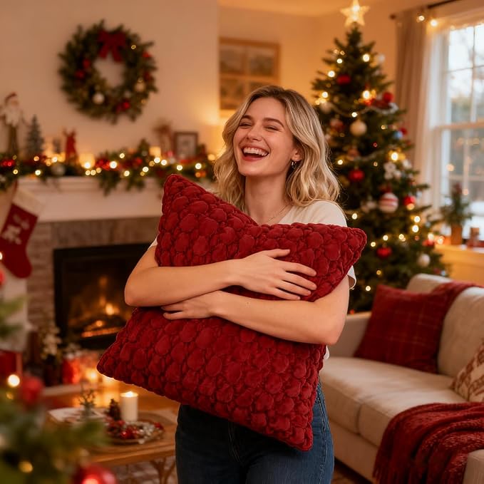 Pillow Cover 24x24 1 Piece Velvet Euro Sham Decorative Farmhouse Pillowcase Boho Square Cushion Covers Soft Bubble Texture for Couch Sofa Bed Bedroom Car Living Room，Red