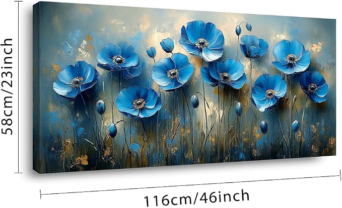 Ggaafet Navy Blue Flowers Wall Art for Living Room Canvas Oil Painting Prints Beautiful Floral Blooming Art Deco Pretty Artwork Office Bedroom Family Dining Room Decor Large