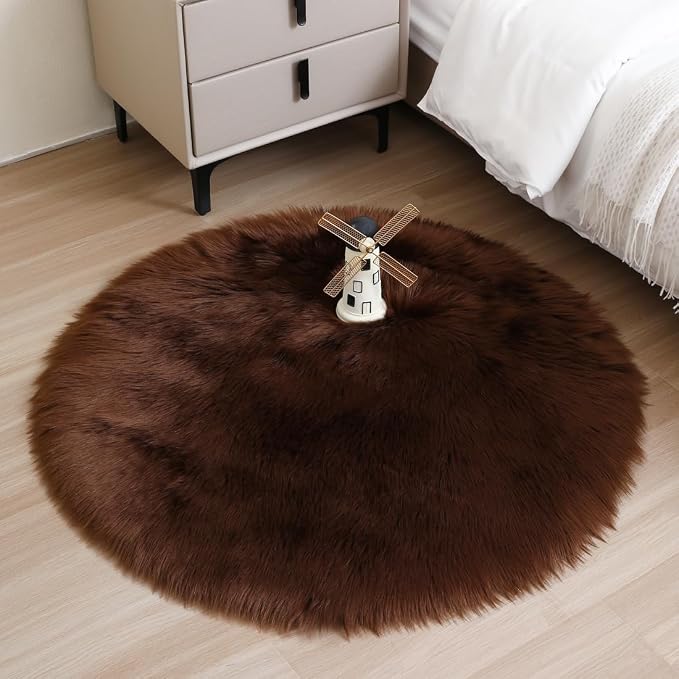 Faux Fur Sheepskin Rug Super Soft Fluffy Plush Area Rug Bedroom Floor Children's Room Sofa Cushion Living Room Runners Bedside Rugs (Coffee, 3×3 ft Rotund), 33KFYX