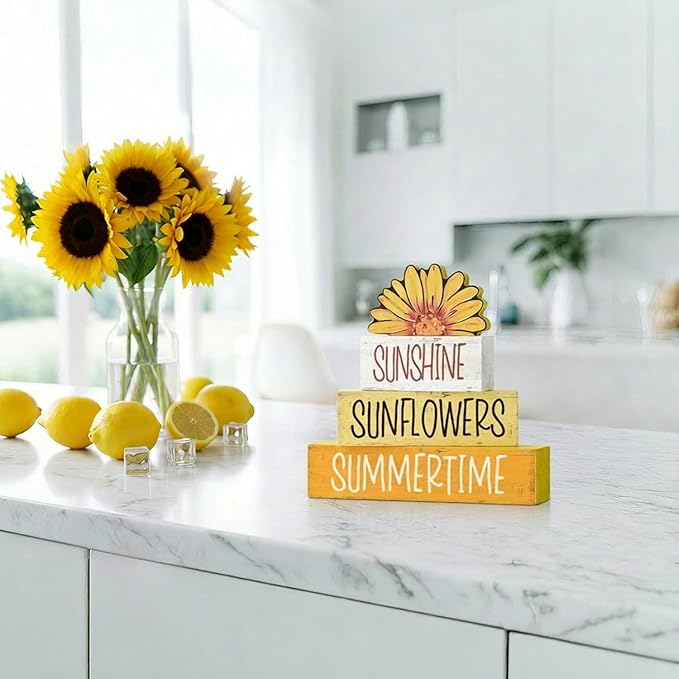 Smile 4 Pcs Summer Indoor Wooden Decor, Sunshine Sunflower Summertime Tiered Tray Farmhouse Table Decoration for Home and Office