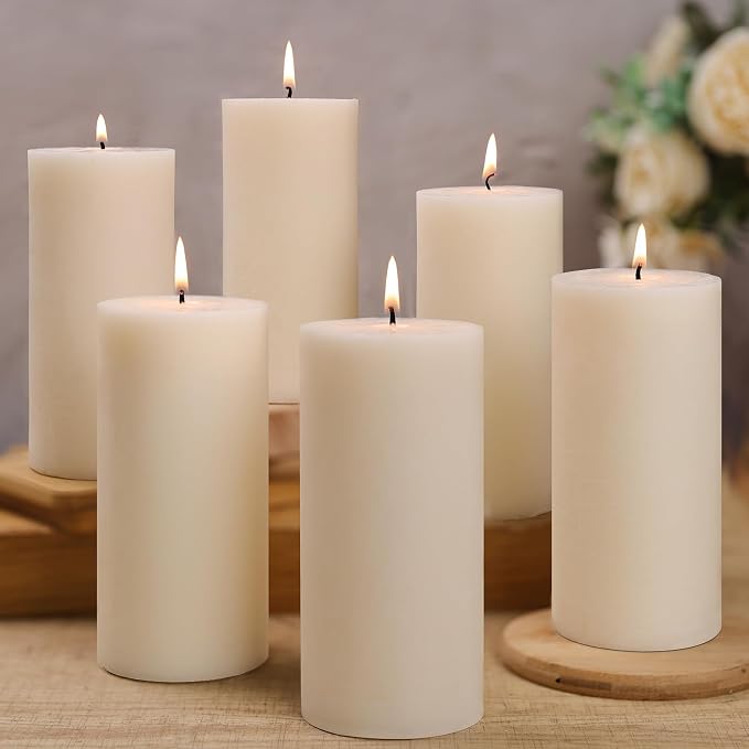 6 Pack Natural Ivory Soy Pillar Candles, 2.8x6 in Hand-Poured Unscented Soy Wax Candles, 540 H Burn Time, Non-Toxic, Smokeless Dripless Rustic Pillar Candle for Dinner, Wedding, Home, Bathroom