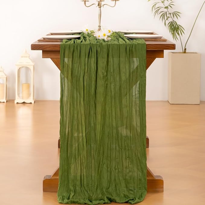 Socomi Campsite Green Easter Spring Cheesecloth Table Runner Boho Rustic Gauze 120 inch 10FT Cheese Cloth Runner for Wedding Party Baby Shower Birthday Home Decor Holiday Decorations