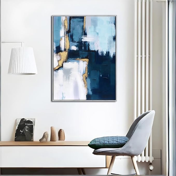 Sofoney - Hand Painted Blue and Gold Abstract Canvas Wall Art Heavy Textured Blue and White Wall Decor with Gold Foil for Living Room Bedroom - 24"x32", Silver Framed