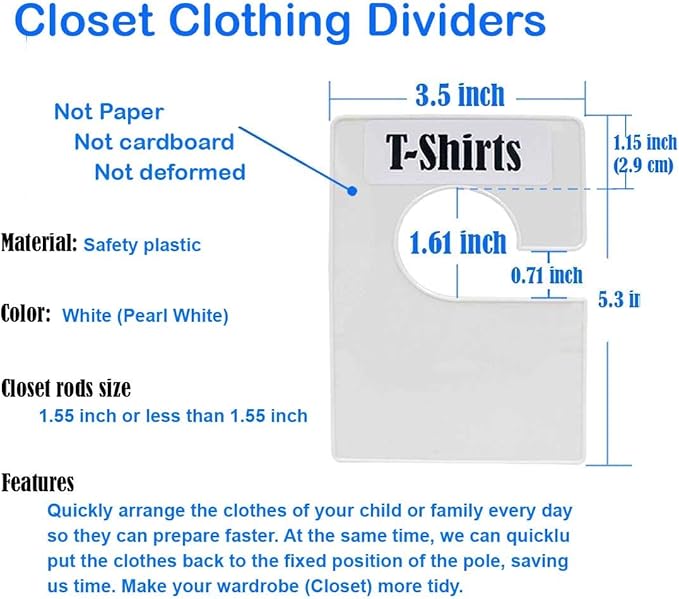 20 Pack White Clothing Rack Size Dividers Plus 90 Labels (1 Inch) and 20 Large Blank Labels, Large Rectangular Clothing Closet Dividers (Pearl White)