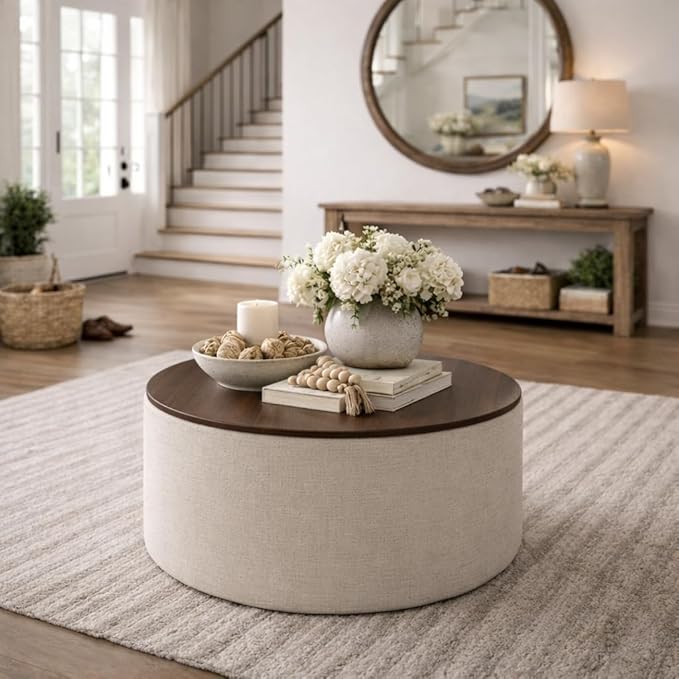 HomePop Modern Fabric Storage Ottoman with Wood Top - Stain-Resistant Cream Woven