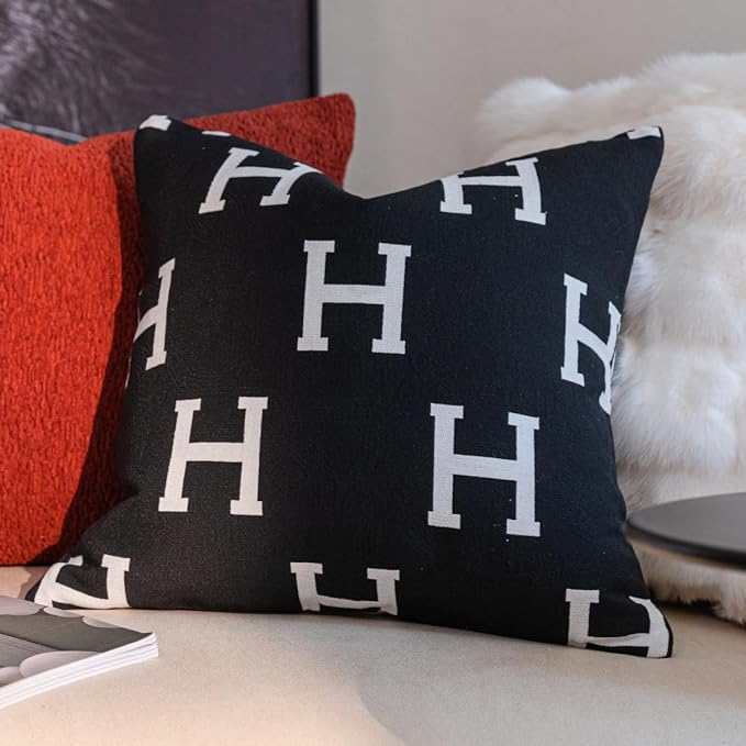 Croker Horse 18x18'' inches Throw Pillow Cushion Covers - Black Embroidery H Letter Luxury Modern Style Couch Sofa Pillow Cover for Living Room Bedroom
