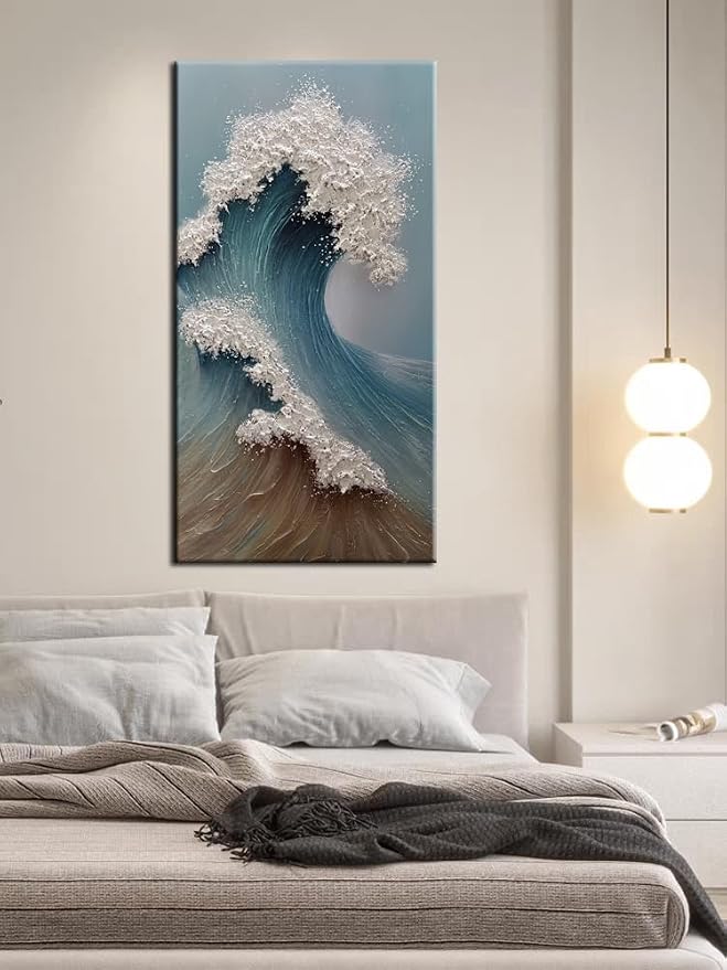 YaSheng Art : Large Abstract Wall Art, 3D Ocean Wave Canvas Wall Art, Hand-Painted Textured Seascape, Wall Art for Living Room Framed Ready to hang 24 x 48 inches