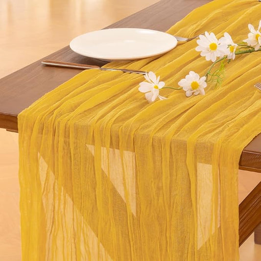 Socomi 6pcs Gold Yellow Easter Spring Cheesecloth Table Runner Boho Rustic Gauze 120 inch 10FT Cheese Cloth Runner for Wedding Party Baby Shower Birthday Home Decor Holiday Decorations