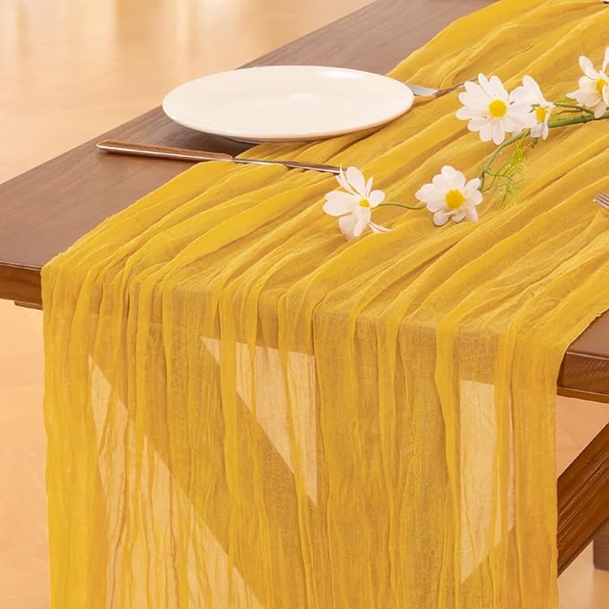 Socomi 2pcs Gold Yellow Easter Spring Cheesecloth Table Runner Boho Rustic Gauze 120 inch 10FT Cheese Cloth Runner for Wedding Party Baby Shower Birthday Home Decor Holiday Decorations