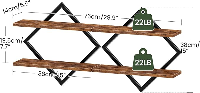 CHOEZON Floating Shelves, Set of 2 Wall Shelves, 2-Tier Hanging Shelves, Wall Shelf Set of 2, Wall Mounted Shelves, for Living Room, Bedroom, Kitchen, Office, Study, Rustic Brown TBJ01P2BF