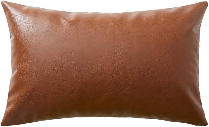Fancy Homi Brown Boho Lumbar Faux Leather Decorative Throw Pillow Covers 14x24 Inch for Living Room Couch Bed Sofa, Solid Rectangle Cushion Case 35x60 cm, Rustic Modern Farmhouse Home Decor