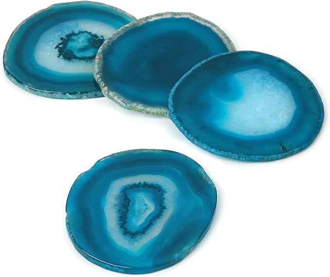 Natural Blue Agate Coasters for Drinks Set of 4 | Natural Stone Coasters 3.5-4", Decorative Gemstone Coasters for Coffee Table, Bar or Desk, Housewarming Gift for Friends