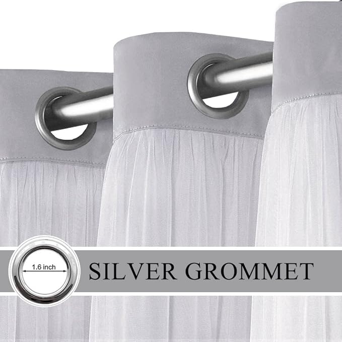 Blackout Curtains with Sheer - Sheer Linen Drapes with Grommet Window Treatment Decorations for Bedroom Living Room Nursery, 52 x 63 in, Light Grey, 2 Panels