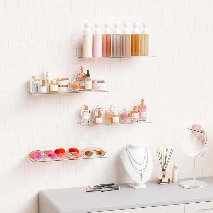Yieach 2 Pack 15" Acrylic Shelves for Wall,Bathroom,Bedroom - with Adhesive - No Drilling Clear Floating Shelves for Funko Pop,Lego,Action Figures,Nail Polish,Perfume Shelf and Wall Storage & Display