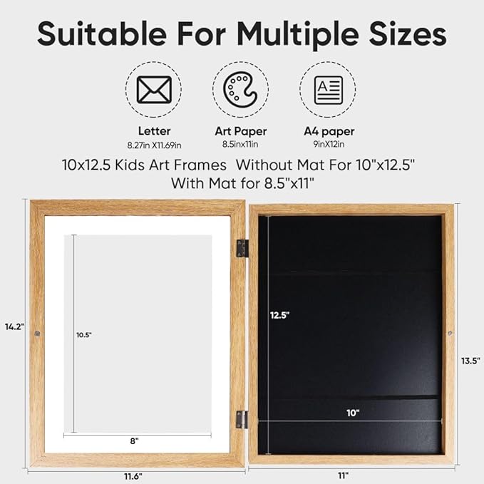 [4-Pack] Kids Artwork Frames Changeable - Kids Art Frame,Front Opening Holds 150,Children Art Projects Kids Art Frames,10x12.5 Picture Frame for Display Kid Art Work,With Storage(Wood)
