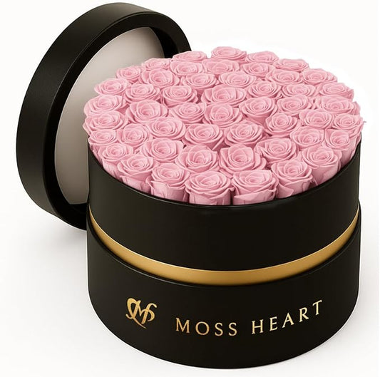 50 Petite Preserved Roses, Designer Round Box, Real Forever Roses Last 1+ Year, Premium Gift for Women, Wife, Girlfriend, Mother’s Day, Birthday, Anniversary, Valentine’s Day