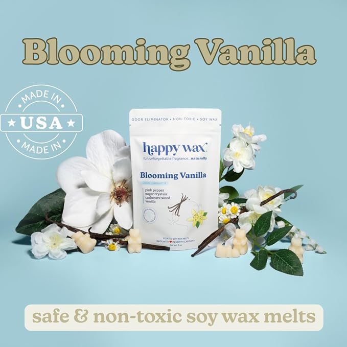 Happy Wax Odor Eliminating Scented Soy Wax Melts – Blooming Vanilla – Pet-Safe, Non-Toxic, Perfect for Use with Wax Warmers - for Home Fragrance & Freshness - 4 oz Pouch