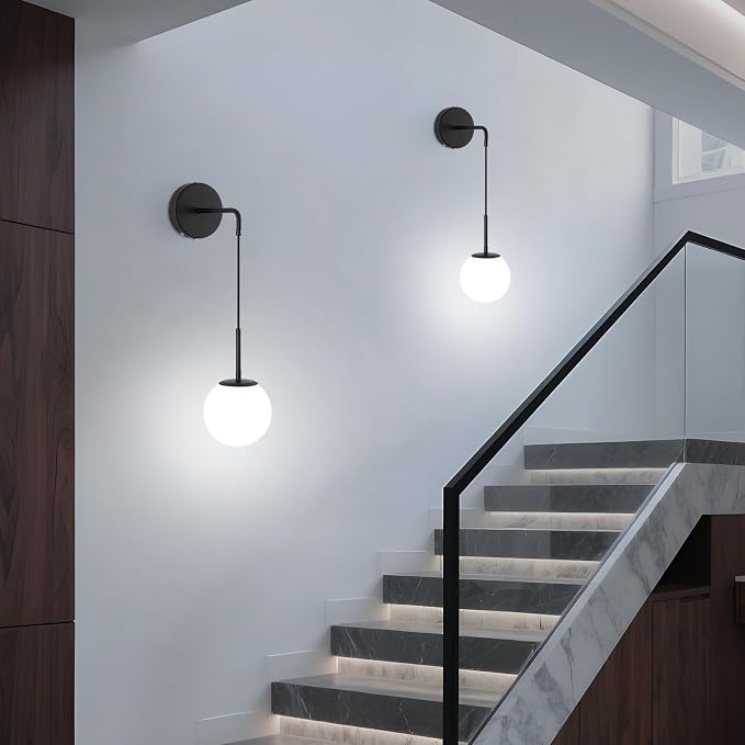 Battery Operated sconces Set of 2 Glass Globe Rechargeable Black Wall Light Fixture Wireless Wall Lights with Clear Glass Shade for Living Room, Hallway, Bedroom(2 Pack)