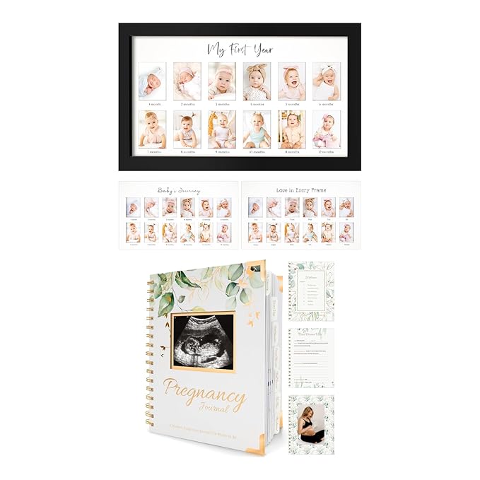 KeaBabies 12 Months Baby Picture Frame for Newborn Girl, Boy and Pregnancy Journal Memory Book - My First Year Photo Frame, Monthly Photo Keepsake - 90 Pages Pregnancy Book