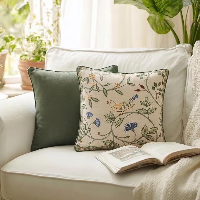bilin gaier Designer Vintage Linen Throw Pillow Cover,18"x18"-Idaho A | Elegant Square Pillow Cover,Concealed Zipper Design,Floral and Bird Pattern,Sofa,Bedroom,Living Room,Lounge Chair