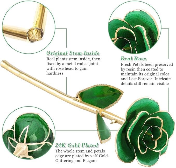 Gold Plate Rose, 24k Gold Dipped Preserved Long Stem Rose Flower for Her Women Wife Mother Girlfriend, Green Rose with Stand