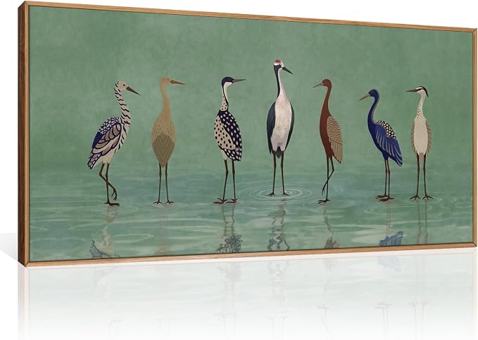 Large Vintage Birds Heron Framed Canvas Wall Art,Green Lake Wildlife Wall Decor,Minimalist Animals Art Prints,Natural Coastal Landscape Artwork for Living Room,Bedroom,Farmhouse- 20''x40''x3