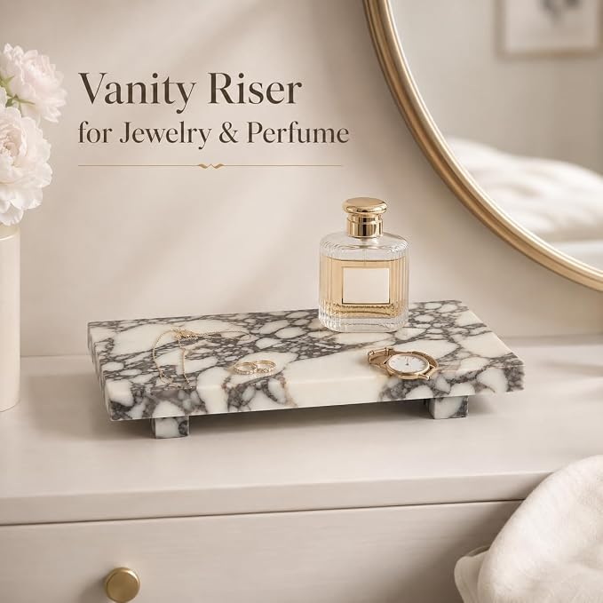 Marble Pedestal Tray Stand for Perfume, Soap & Vanity | 13.8 x 6.7 in Vanity Tray for Jewelry, Keys and Candles, Bathroom Counter, Dresser, Nightstand and Entryway Decor