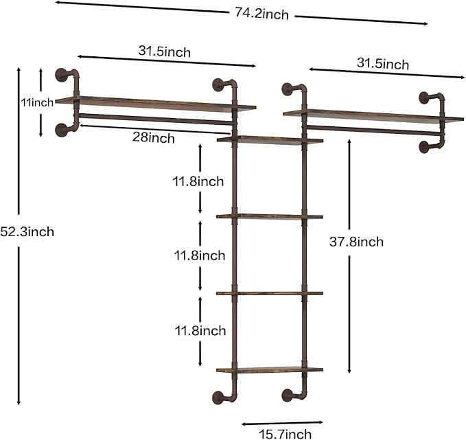 Helsin 5-Tiers 74inch Large Rustic Industrial Pipe Floating Shelving, Wall Mounted Heavy Duty Clothes Rack with Double Hanging Rods Display Storage Rack for Bedroom Organization & Home Décor