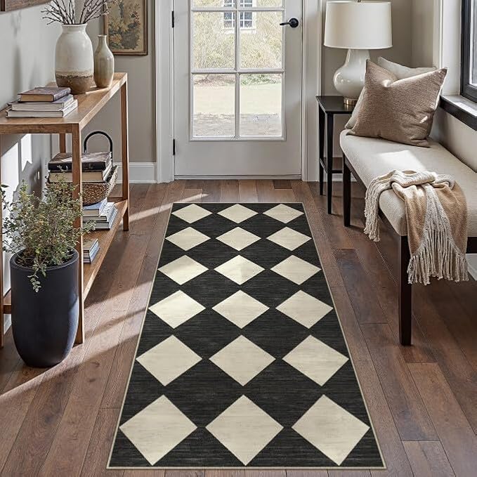 PureCozy Checkered 2x6 Runner Rug for Hallways Black and White Washable Long Carpet Non-Slip Low Pile Modern Soft Indoor Accent Throw Rugs for Entrance Kitchen Bedroom Dining Laundry