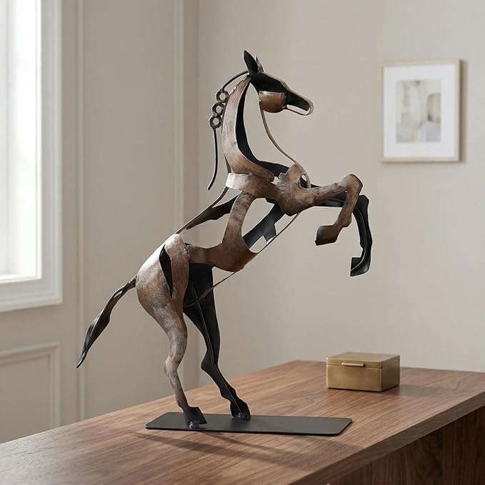 SunBlogs Art Metal Horse Statue Décor, Handmade & Hand-Painted Modern Western Horse Decoration, Rustic Iron Sculpture Gifts for Home Office for Horse Lovers (Vintage Brown)