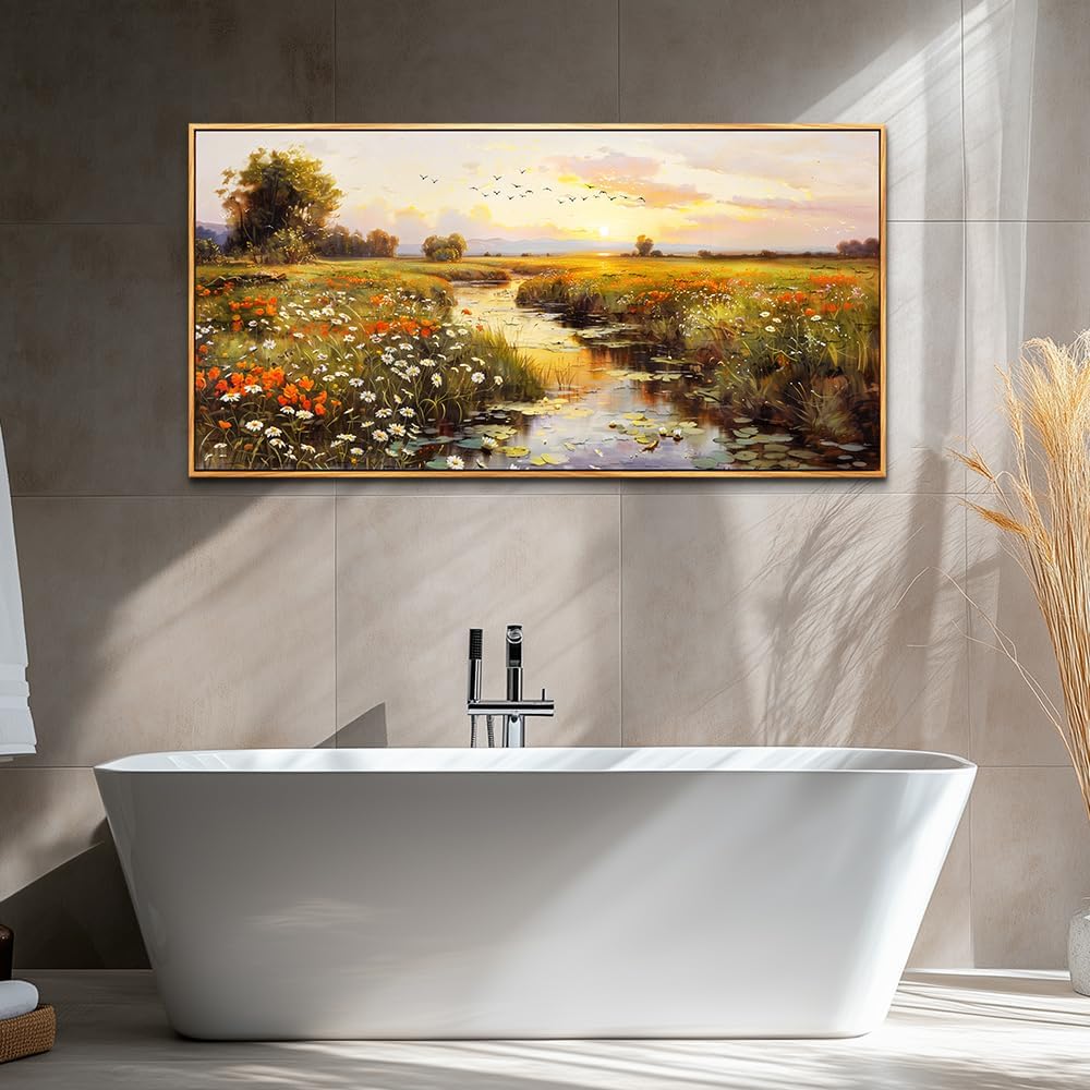 PHAOHUAXM Large Wall Art For Living Room Canvas Wall Decor For Bedroom Watercolour Painting Office Decoration Countryside Sunrise Scenery Wall Picture Ready To Hang Home Decor Wood Framed 20x40 In