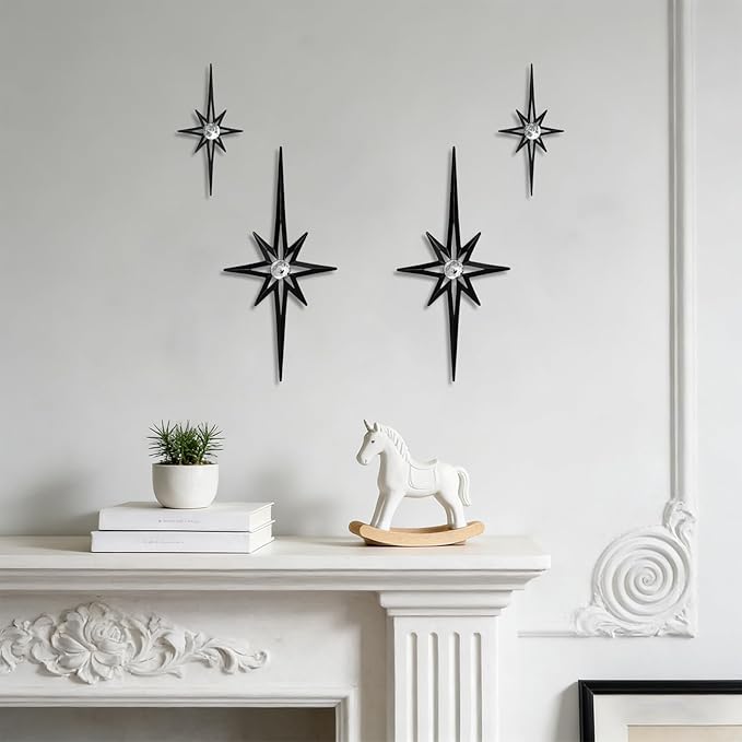 sxnzequnze 4 Pack Metal Star Wall Art 8 Pointed Starburst Wall Decor Set with 2 Large & 2 Small Pieces Mid Century Celestial Metal Wall Sculpture for Bedroom Living Room Office Gallery Wall