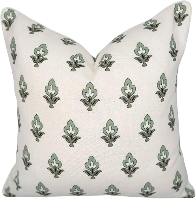 Jillien Harbor “The Poppy” Floral Block Print Pillow Cover – Green Leaf Decorative Festive Throw Pillow Cover with White Background – Grandmillennial Home Decor, 20" x 20"