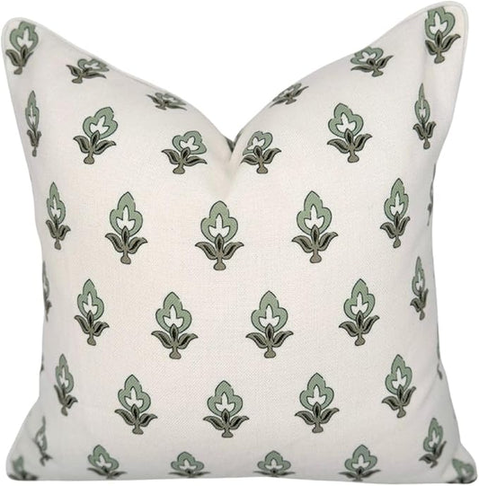 Jillien Harbor “The Poppy” Floral Block Print Pillow Cover – Green Leaf Decorative Festive Throw Pillow Cover with White Background – Grandmillennial Home Decor, 20" x 20"