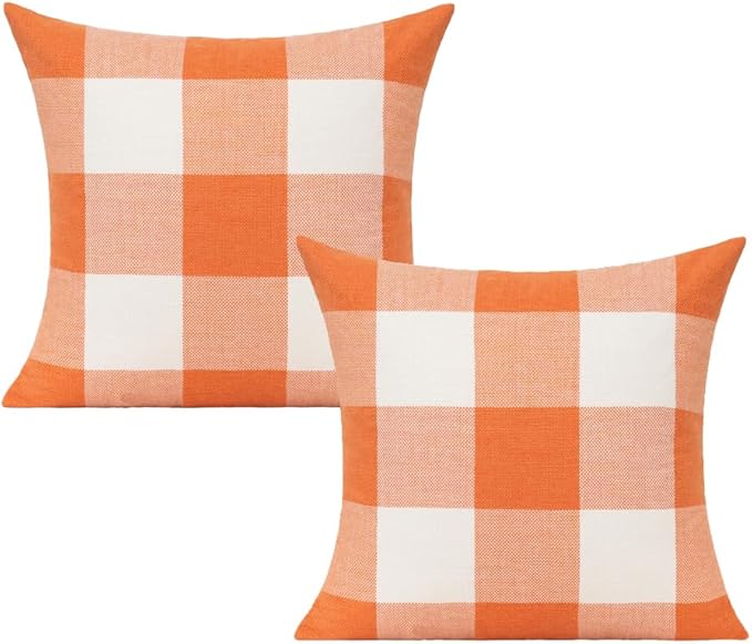Fall Outdoor Orange Decor Throw Pillow Covers 20x20 Set of 2 Decorative Thanksgiving Buffalo Check Plaids Rustic Autumn Farmhouse Cushion Cases Home Decoration for Living Room Bed Couch, Orange White