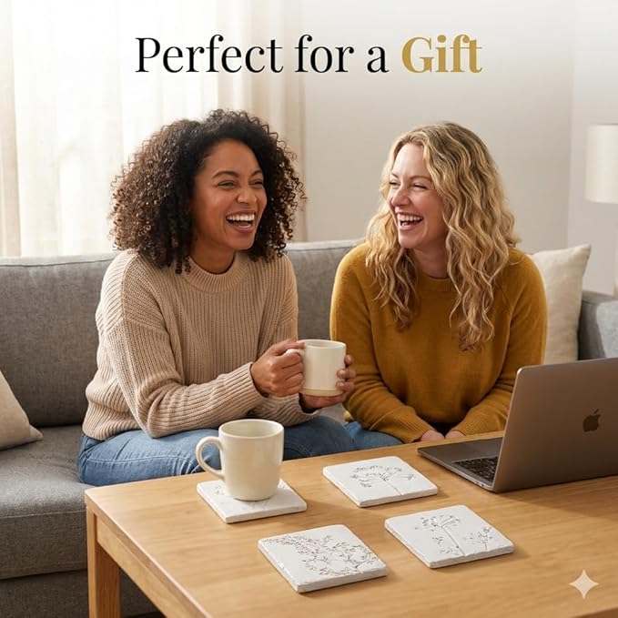 Ceramic Coasters Set of 4 – White Vintage Engraved Flower Design, Non-Slip Cork Base Coasters for Coffee Table, Bar & Home Decor