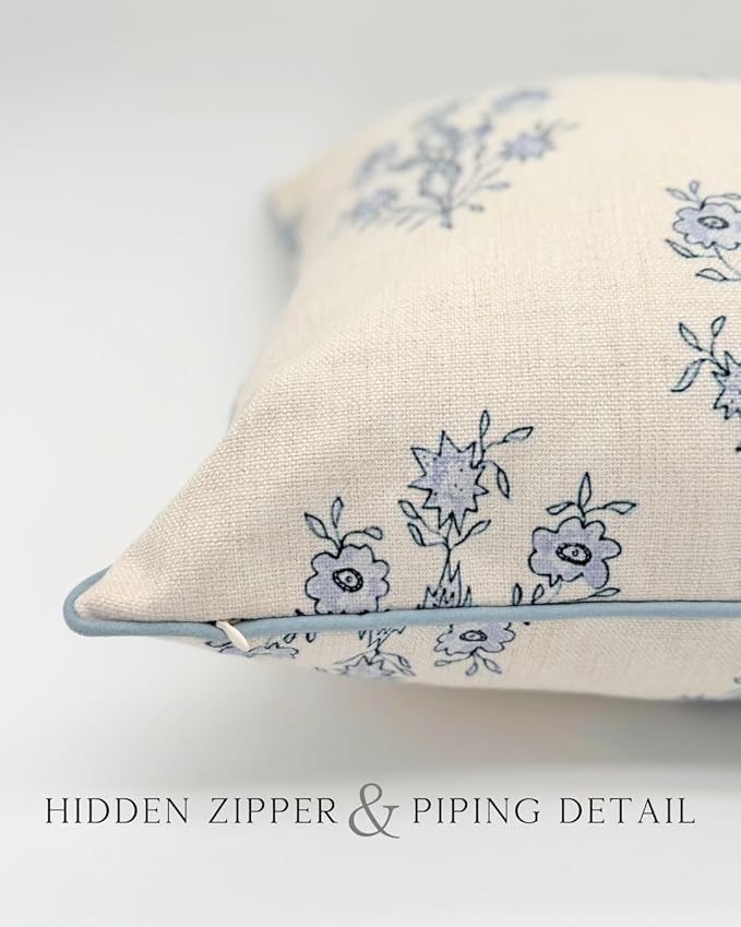 Jillien Harbor “The Mary” Blue and White Decorative Throw Pillow Cover – Floral Block Print Pillow Cover – Grandmillennial Home Decor, 19" x 19"