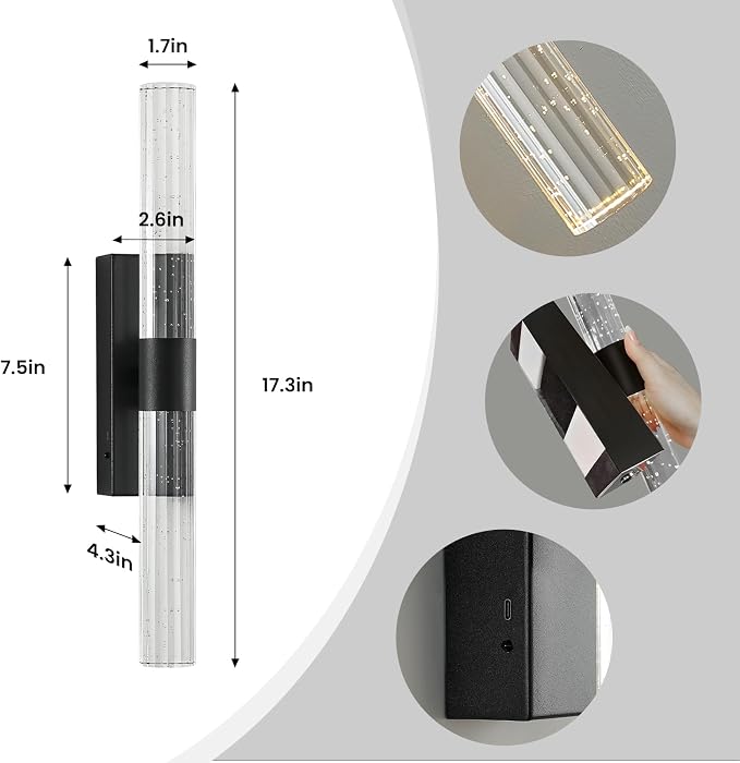 Battery Operated Wall Sconces Set of Two - Wireless Black Sconces with Remote 12000mAh Rechargeable Modern Crystal Wall Lights Cordless Wall Lamps for Bedroom Living Room Bathroom
