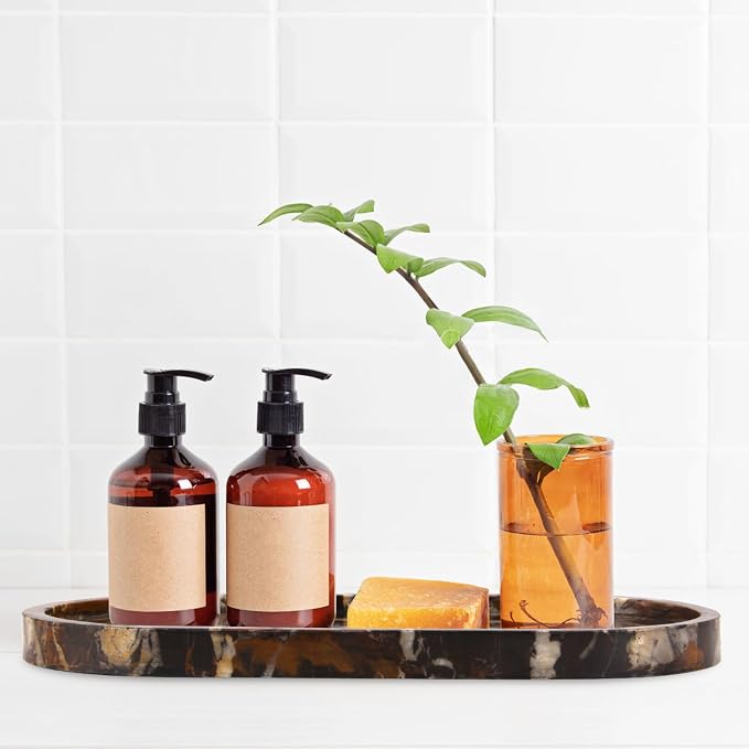Oval Marble Bathroom Vanity Tray, Natural Luxury Marble Home Kitchen Bathroom Table Tray, Stone Decorative Countertop Tray for Coffee Perfume Jewelry (Black Gold, 12" x 6" x 0.8")