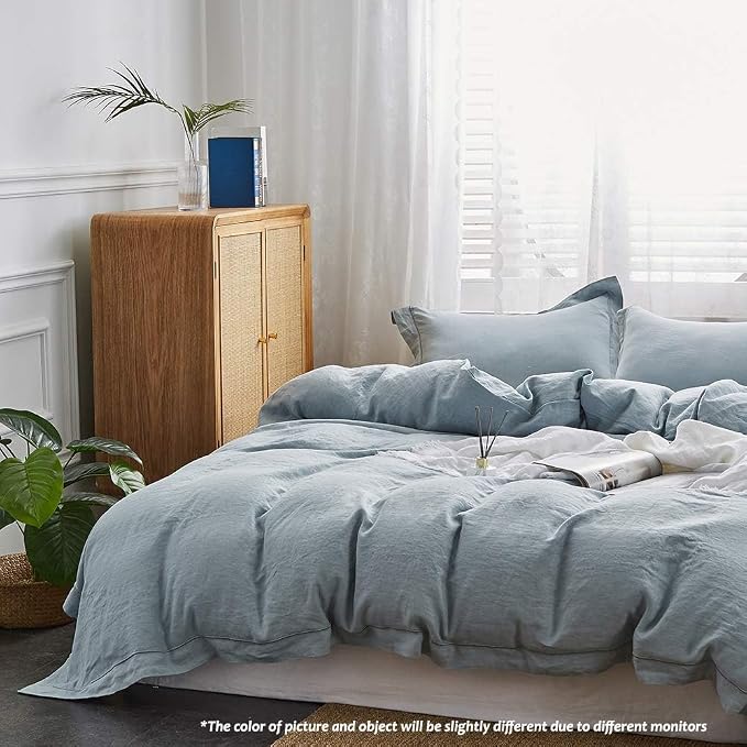 Simple&Opulence 100% Linen Duvet Cover Set with Embroidery Border Washed - 3 Pieces (1 Duvet Cover & 2 Pillow Shams) with Button Closure Soft Breathable Farmhouse - Dusty Blue, Queen Size