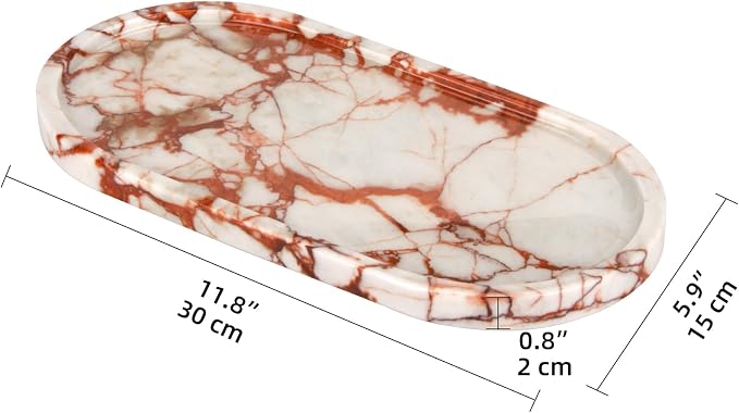 Oval Marble Bathroom Vanity Tray, Natural Luxury Marble Home Kitchen Bathroom Table Tray, Stone Decorative Countertop Tray for Coffee Perfume Jewelry (Calacatta Red, 12" x 6" x 0.8")