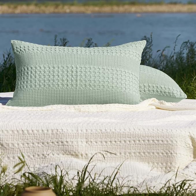 PHF 100% Cotton Waffle Pillow Shams Queen Size, 2 Pack 20" x 30" Soft Skin-Friendly Pillowcases, No Filling, Aesthetic Woven and Breathable Waffle Weave Pillow Case Covers for Bed, Mint Green