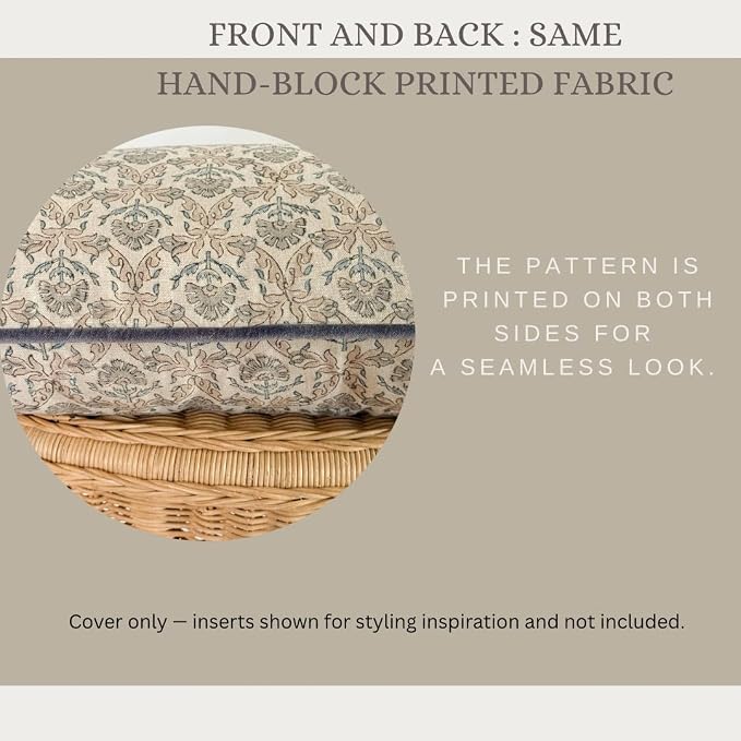 Palm & Loom 100% Cotton Linen - Long Lumbar Cushion Cover - Ziya Elegant Throw Pillow Case with Blue & Peach Print with Piping - Modern Traditional Living Room, Sofa, Bedroom Pillow Cover-14x36 Inch