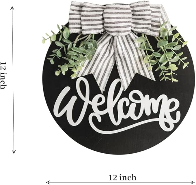 Welcome Sign for Front Door Wreath Decorations for All Seasons Front Porch Decor Hanging Gift for Farmhuose Home Outdoor Indoor (Black-Welcome)