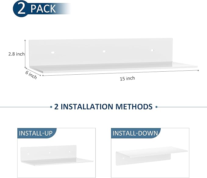 Sezanrpt 2 Pack White Acrylic Floating Shelves 15 Inches, Wall Hanging Bathroom Shelves, Wall Storage Shelf for Kitchen, Dining Room, Living Room, Bedroom, Bathroom, Retail, Supermarket