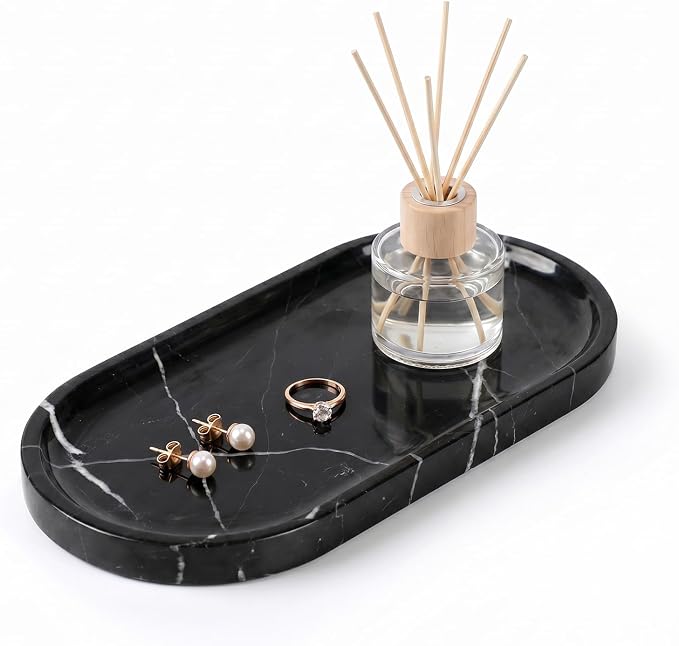 Black Marble Vanity Tray - 100% Natural Stone Bathroom Countertop Organizer for Perfume & Jewelry, 10" Decorative Plate for Toilet Tank