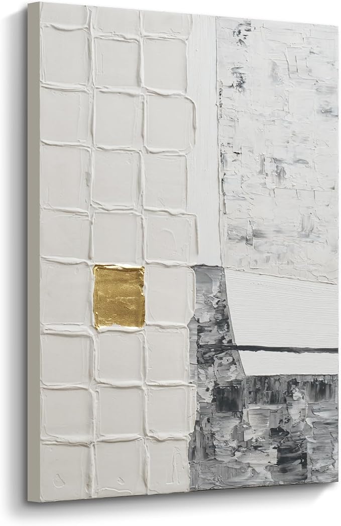 Modern Textured Abstract Blocks Wall Art, Gray White Oil Painting Artwork | Minimalist Neutral Hand-Painted Canvas Wall Art, Large Vertical Wall Decor for Living Room Bedroom 24x36 Inch, Ready to Hang