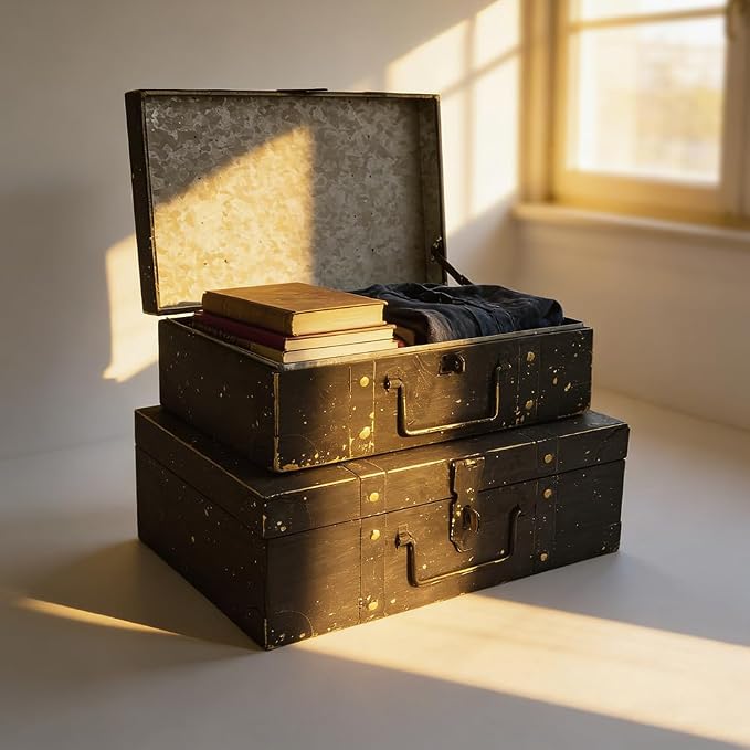 Vintage Metal Storage Trunks - Set of 2, Antique Decorative Storage Chests with Lids, Decorative Suitcase Boxes, Vintage Suitcases for Keepsakes and Home Decor, Black